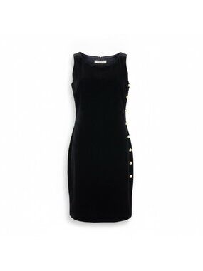 Cathy Hardwick Womens Black Sleeveless Velvet Tank Dress Side Pearl Button Accen